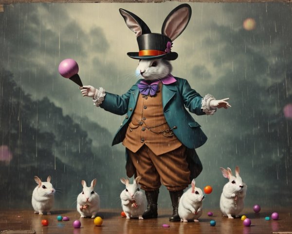 Dapper Rabbit with Ice Cream Cone in Rainy Scene