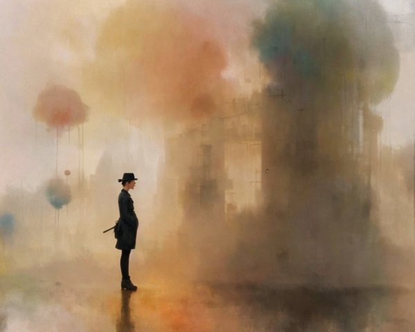 Solitary Figure in a Surreal Foggy Landscape