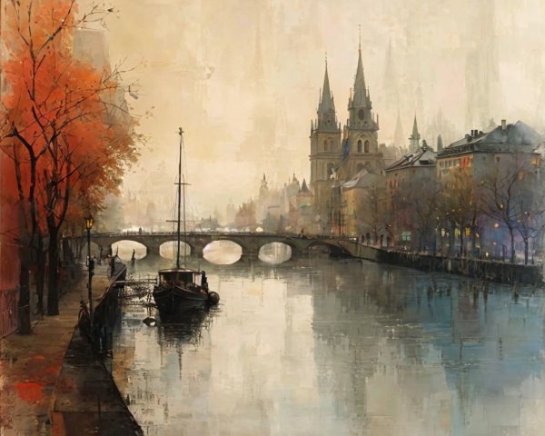 Foggy River Scene with Historic Buildings and Autumn Trees