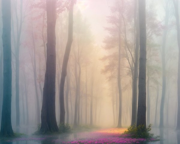Serene Foggy Forest with Vibrant Pink Flowers