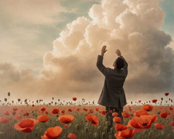 Person in a Red Poppy Field Under Dramatic Sky