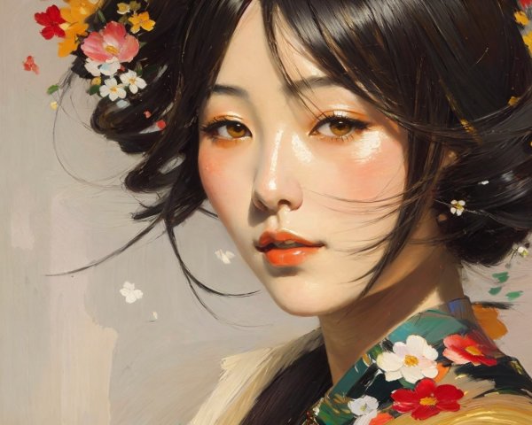 Close-up Portrait of a Young Woman in Floral Kimono
