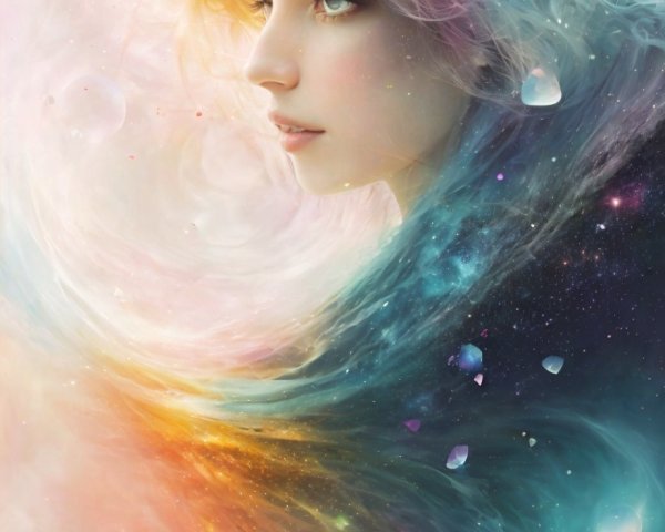 Young Woman Surrounded by Cosmic Colors and Gems