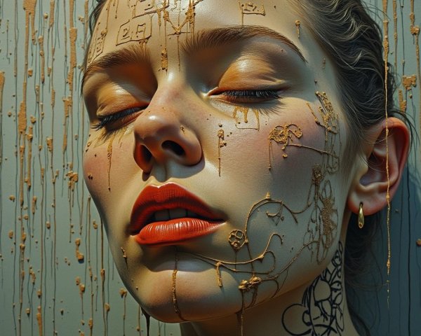 Close-up of a woman's face with golden markings