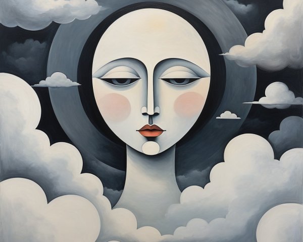 Serene Woman's Face Among Soft Clouds in Dark Setting