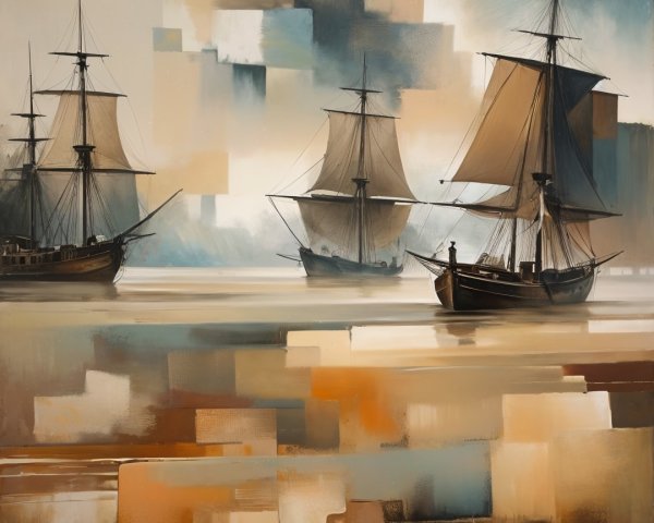 Serene Seascape with Three Majestic Ships and Pastels