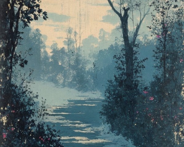 Tranquil River in a Misty Forest Landscape Painting