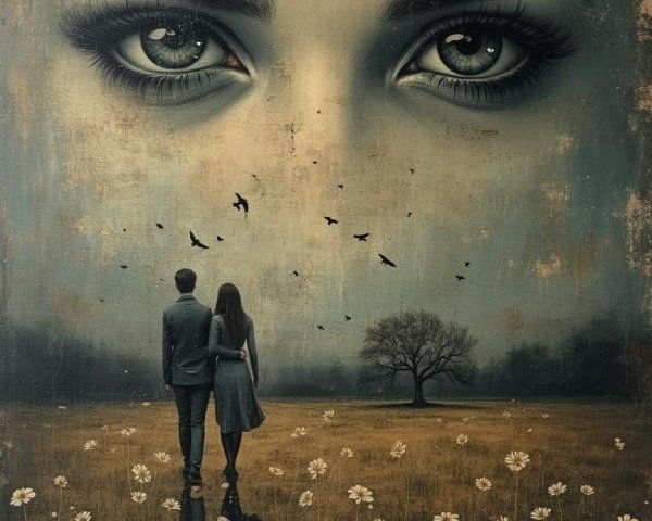 Couple in a Daisies Field Under a Serene Face