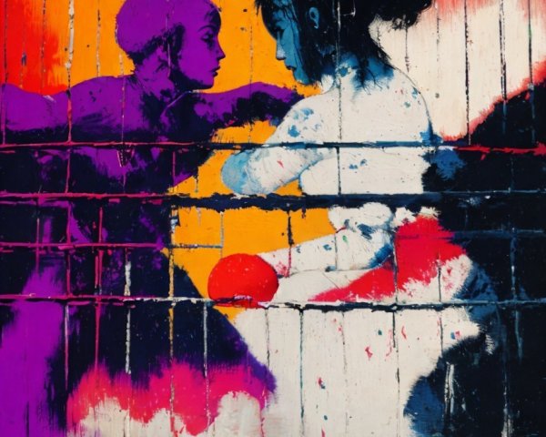 Vibrant Artwork of Two Figures and a Red Ball