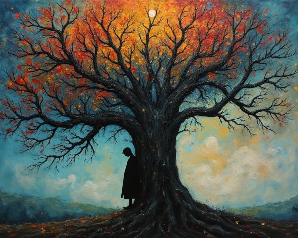 Autumn Tree with Vibrant Leaves and Serene Sky
