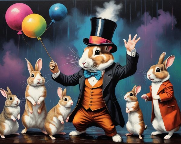 Anthropomorphic rabbits in colorful attire at a celebration