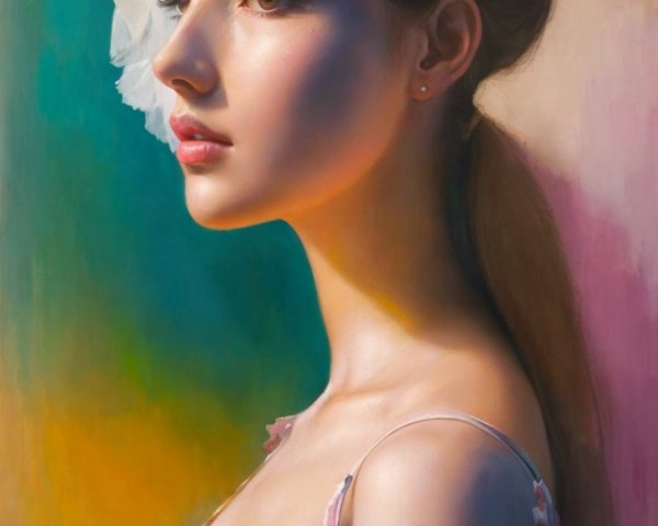 Profile of a Young Woman in Floral Dress and Veil