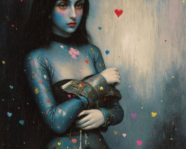 Portrait of a Young Woman with Floral Dress and Hearts