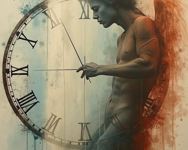 Surreal Artwork of Winged Man with Clock Elements