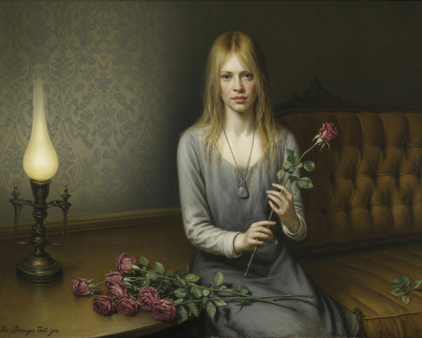 Hyperrealistic Painting of Girl with Rose and Lamp