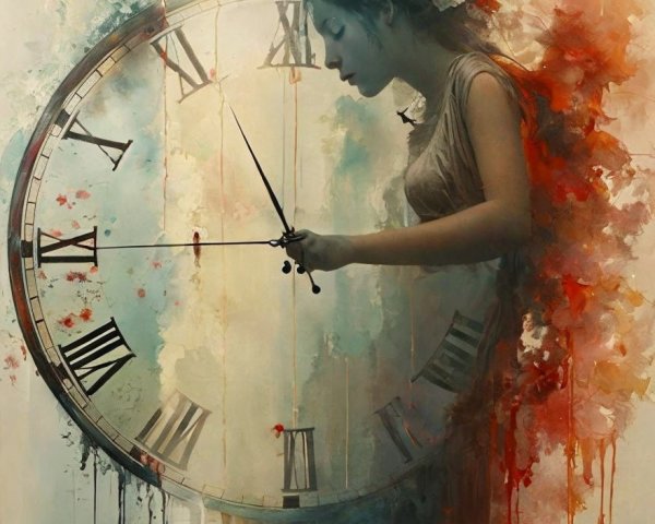 Dreamlike Woman Intertwined with a Clock Symbolizing Time