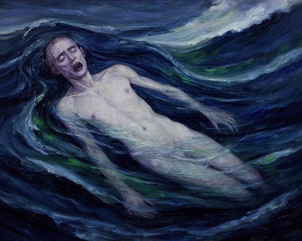 Nude Deceased Man in Turbulent Ocean Waves Painting