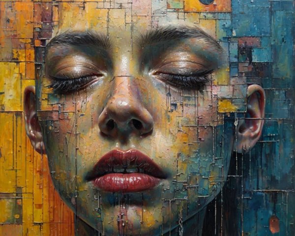 Serene Woman's Face in Colorful Geometric Mosaic