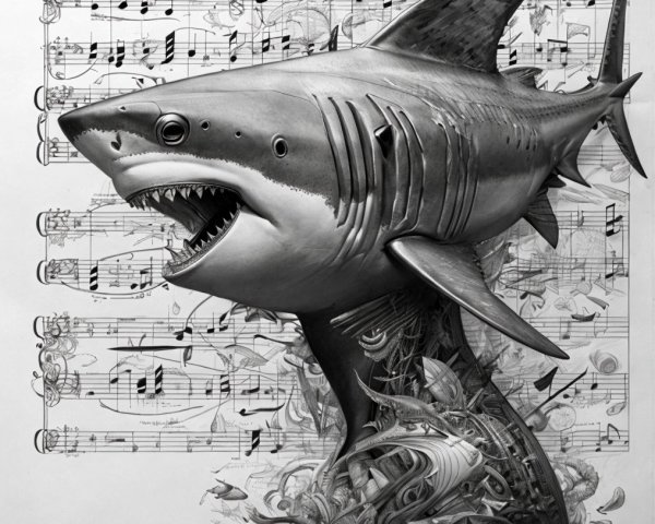 3D Shark Sculpture with Musical Sheet Background