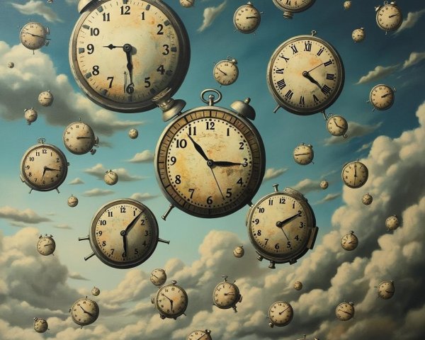 Surreal Sky with Clocks and Barren Landscape