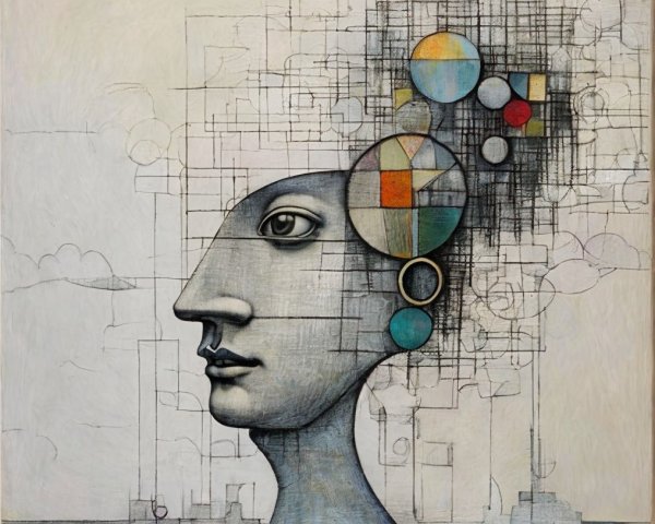 Stylized Human Head with Geometric Thought Symbols