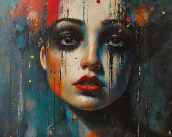 Portrait of a Woman with Bold Makeup and Colorful Tears