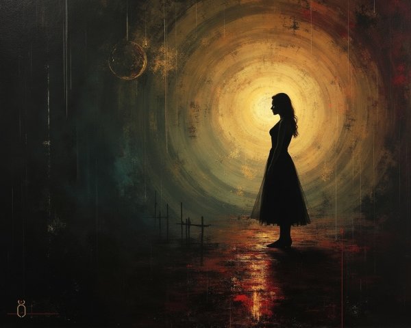 Silhouette of Woman in Black Dress Against Cosmic Backdrop