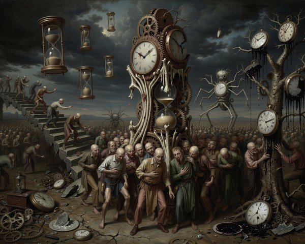 Surreal Dark Painting of Pale Men in Desolate Landscape