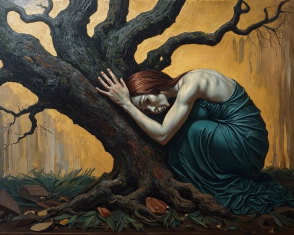 Figure in Green Dress Beside Twisted Tree