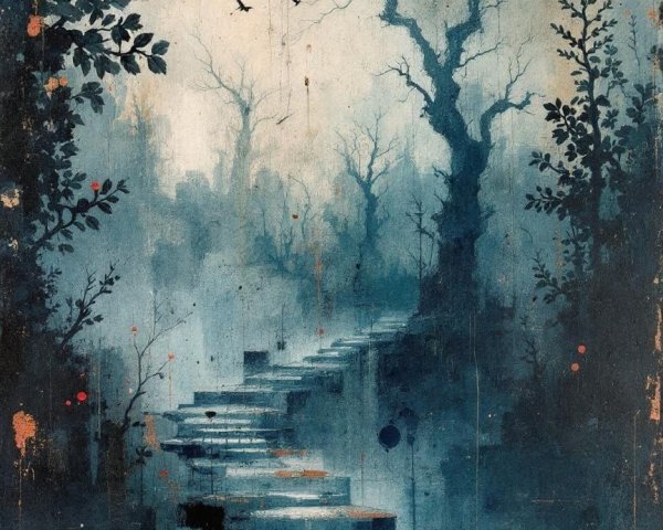 Moody Landscape with Winding Stone Path and Mist