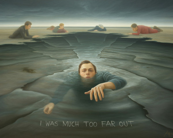 Surreal Oil Painting of a Drowning Man and Landscape