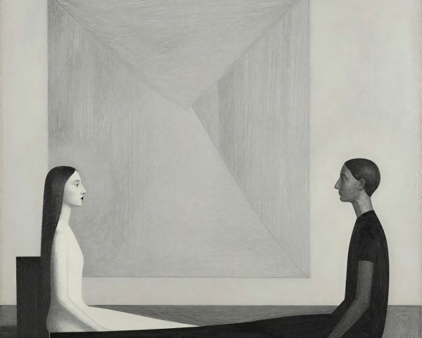 Black and White Painting of a Man and Woman Seated