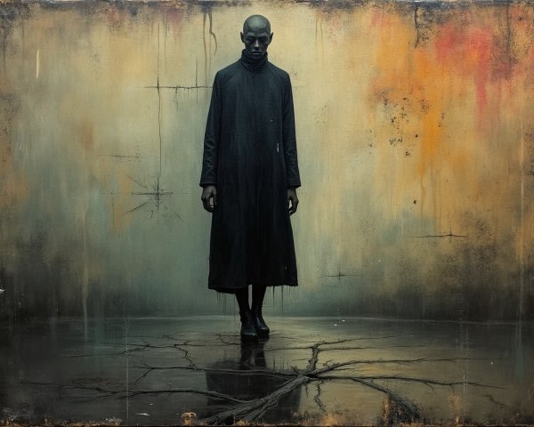 Solemn Figure in Dark Garment Against Textured Backdrop