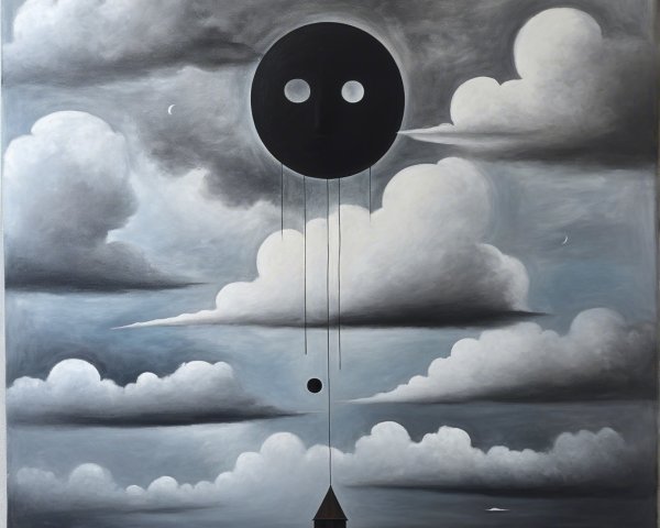 Surreal Monochromatic Landscape with Black Sun and House