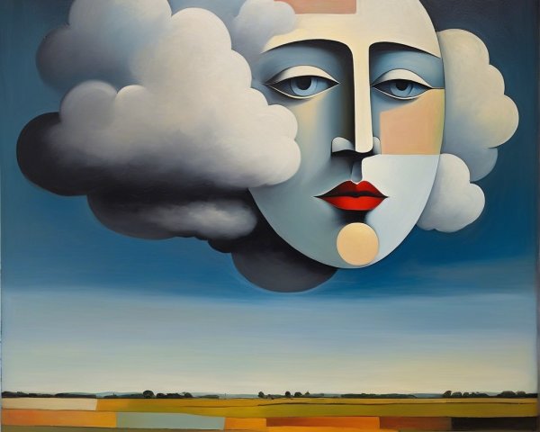 Surreal Landscape with Geometric Face and Vibrant Fields