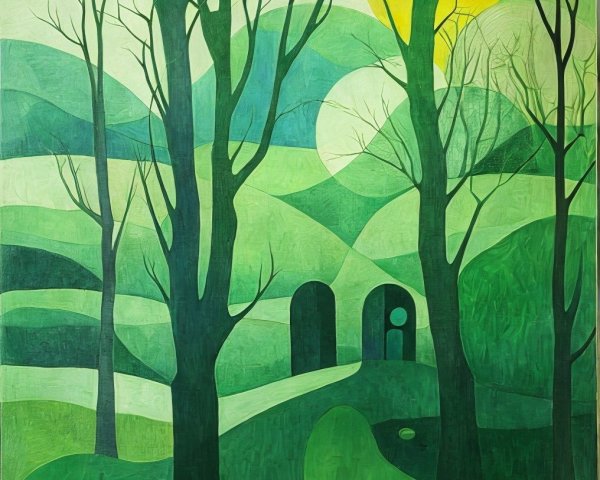 Serene Green Landscape with Stylized Trees and Sun