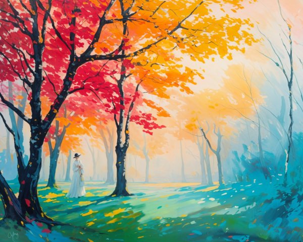 Serene Autumn Landscape with Vibrant Trees and Mist