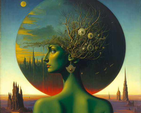Profile of a Woman with Emerald Green Hue and Celestial Background