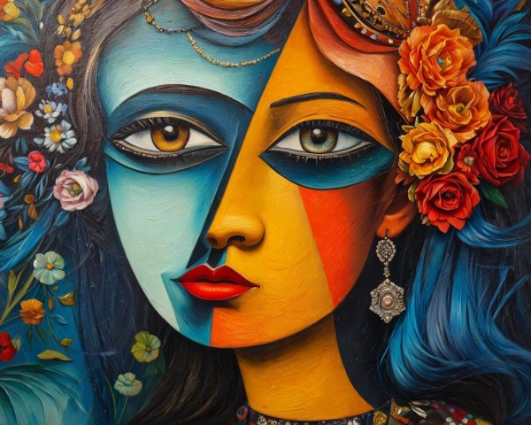 Vibrant Woman's Face with Colorful Floral Surroundings