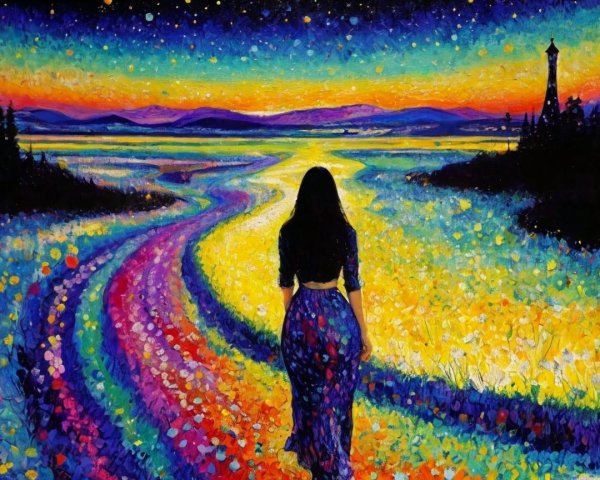 Silhouette of Woman on Colorful Path Under Starry Sky
