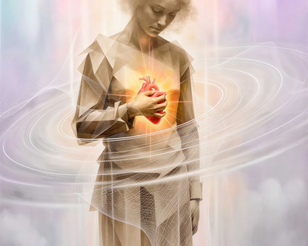 Ethereal Woman Holding Glowing Heart with Energy Lines