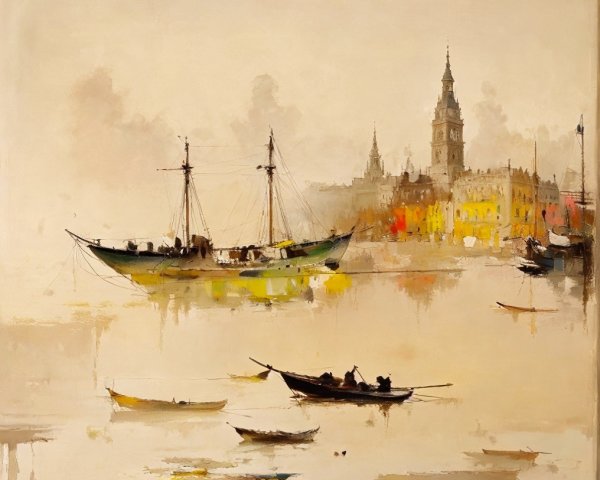 Serene Waterfront Scene with Majestic Ships and Tower