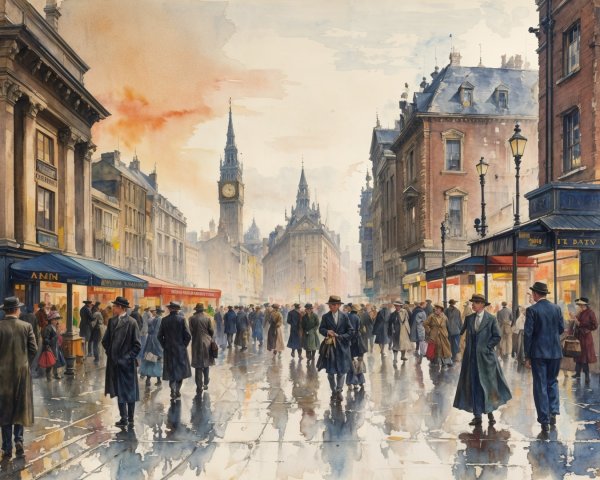 Historic City Street Scene with Sunset Reflections