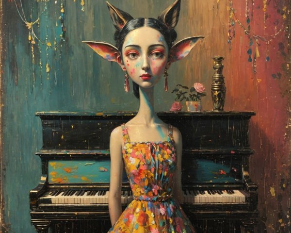 Whimsical Character at Vintage Piano in Floral Dress