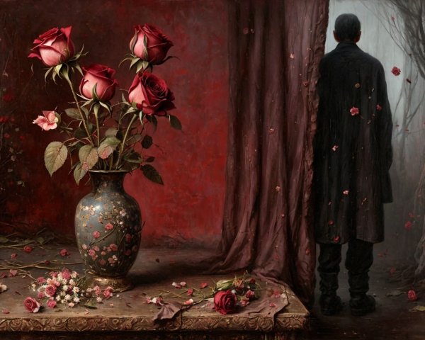 Renaissance Still Life with Red Roses and Forest View