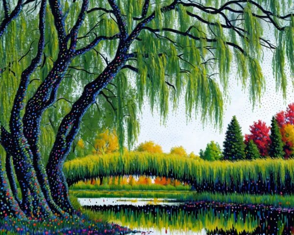 Vibrant Landscape with Willow Trees and Serene Pond