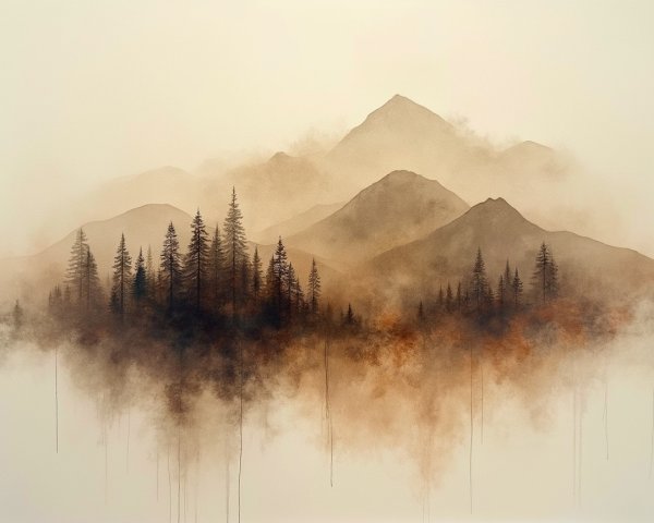 Misty Mountains and Pine Trees in Warm Tones