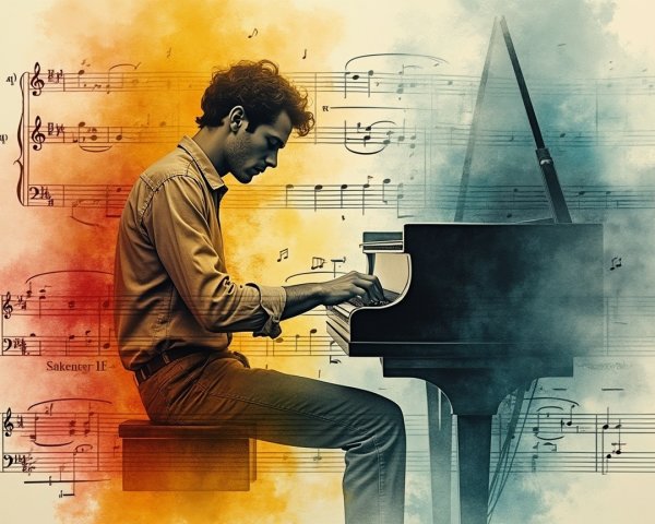 Young man playing grand piano with musical notes backdrop