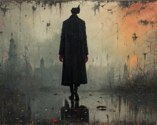 Solitary Figure in Dark Coat Overlooking Misty Landscape