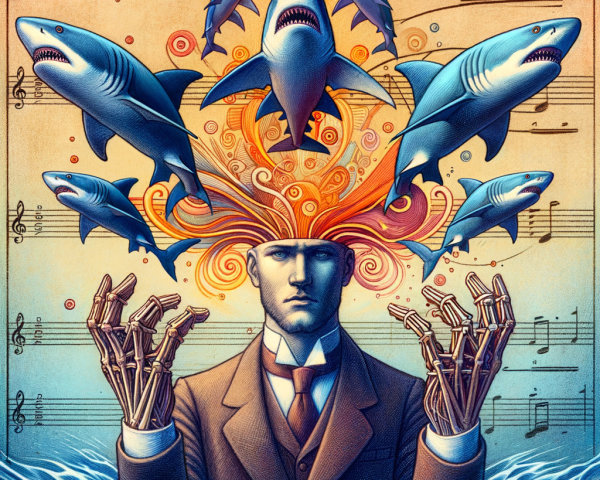Surreal Illustration of a Man with Colorful Sharks
